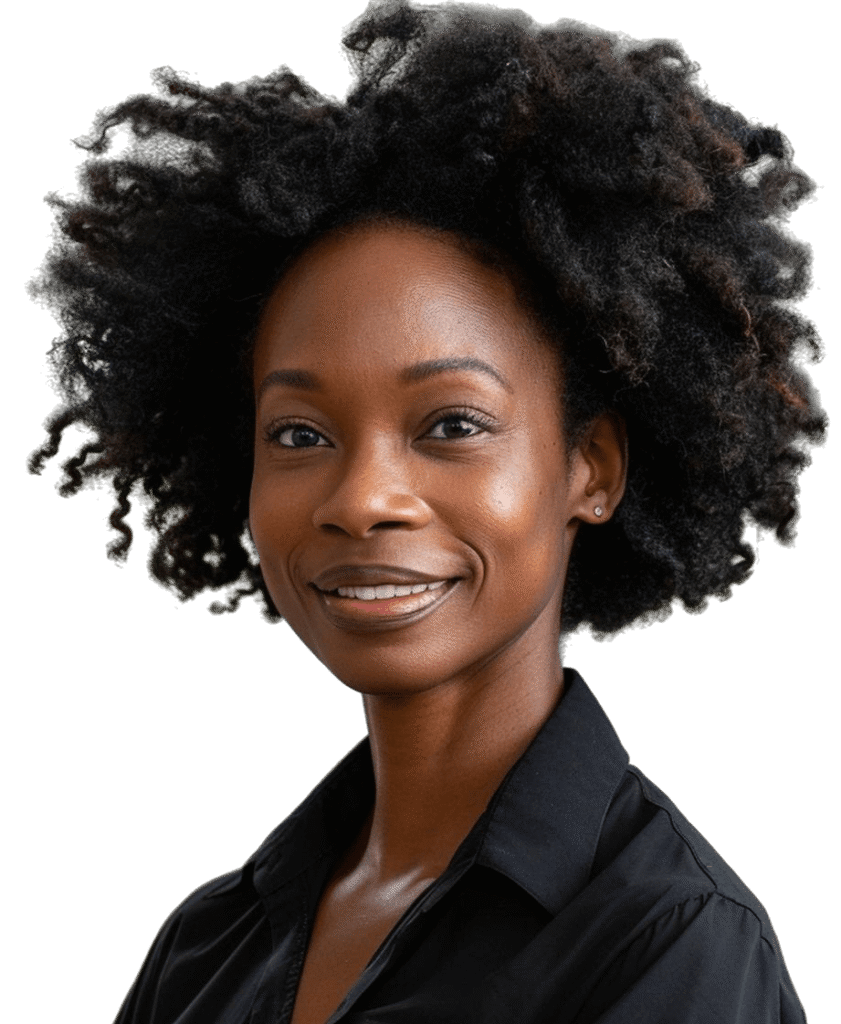 woman with curly hair smiling camera 1 (1)